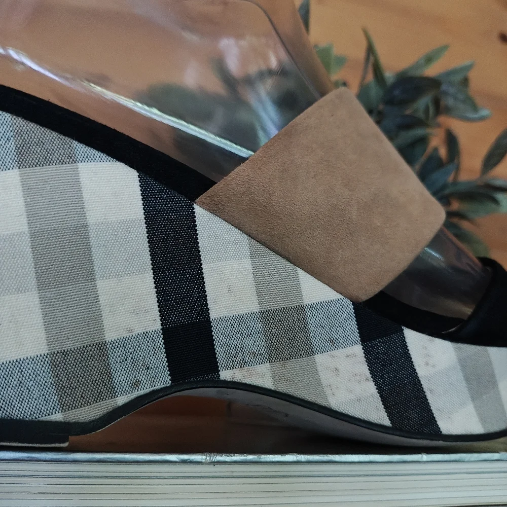 Sacha London Kali Leather Plaid Fabric Slip On Platform Wedge Heels Sandals Sz 6